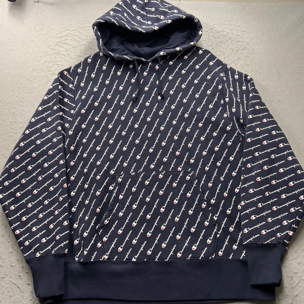 Champion Reverse Weave Hoodie Mens XL Navy All Over Script Logo Print S2974